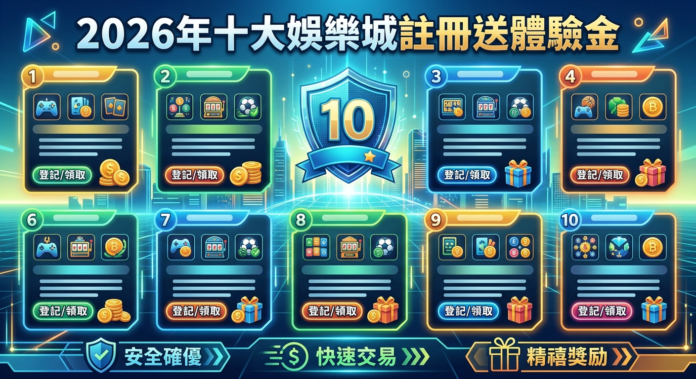 這張圖片呈現一個以黑藍色調為主的科技感娛樂城排行榜介面，中央標註顯眼的數字「10」。 頂部上方帶有黃藍漸層標題「2026年十大娛樂城註冊送體驗金」，周圍排列著各個平台卡片與獎勵圖示。