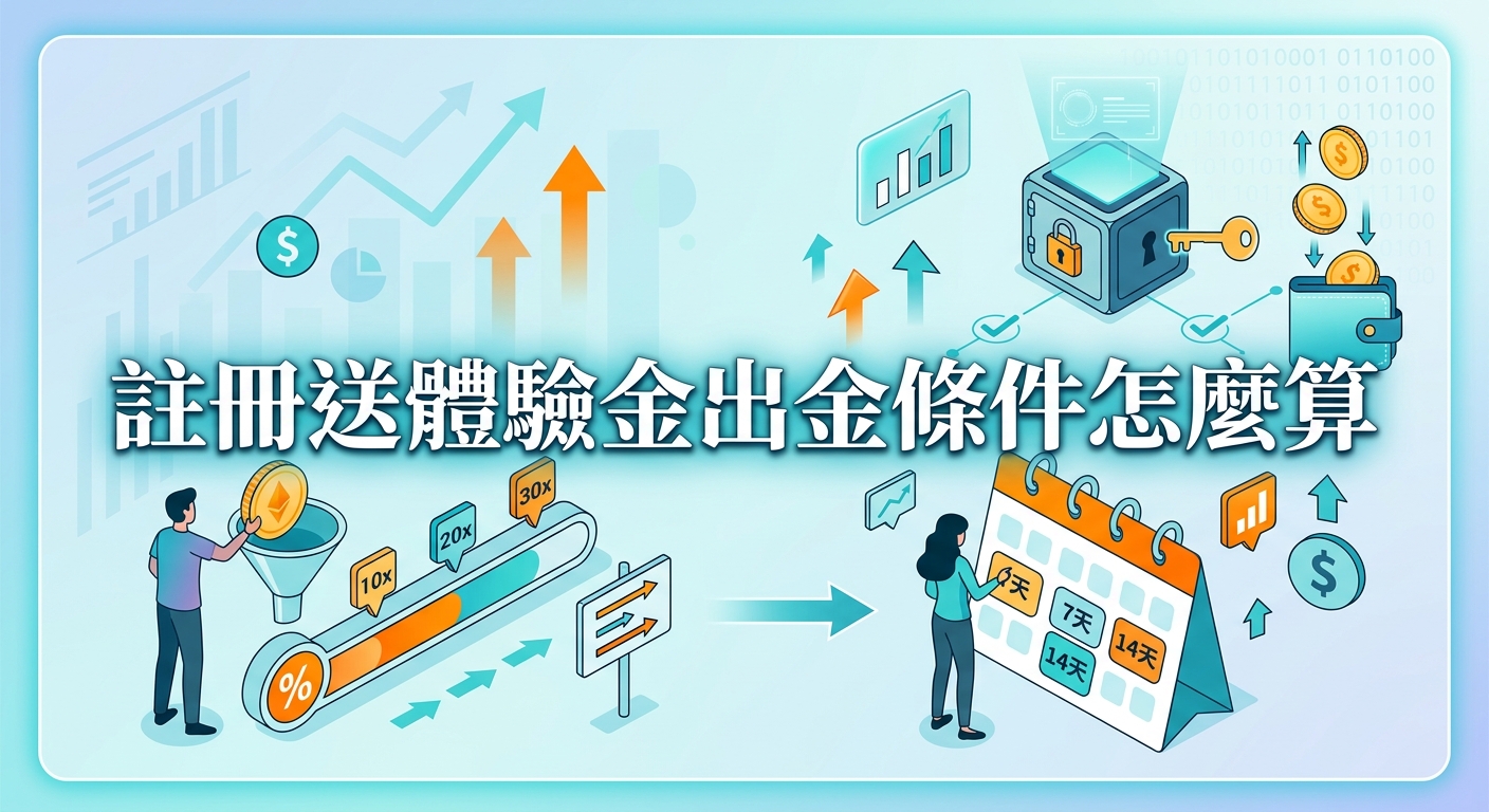 這張圖採用現代扁平化與微立體風格，展現關於體驗金出金條件計算的金融流程與概念。 畫面中央清晰標示標題文字「註冊送體驗金出金條件怎麼算」，周圍輔以流水倍數、時間期限及安全提現等插圖要素。